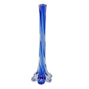 Vintage Cobalt Blue Encased Twisted Blue Art Glass Vase Elephant Foot Base 11.5"